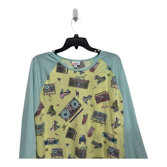 80's Retro Inspired Baseball Tee Yellow Blue LulaRoe Randy Size 2XL Roller skate - Picture 2 of 6